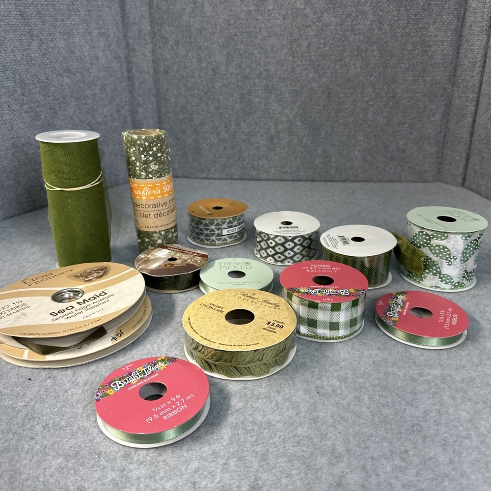 Lot Of 14 Ribbon And Tulle Wired/Non New/Used Green Olive
